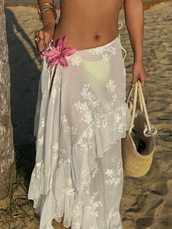 White Casual Women's Embroidered Self-Tie Ruffle Hem Skirt - Picture 6 of 8